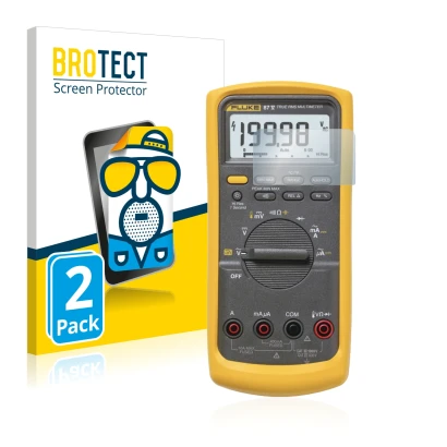 Parte frontal de un envase de producto con el logotipo de la marca BROTECT. Al lado se muestra el dispositivo Fluke 87v con su