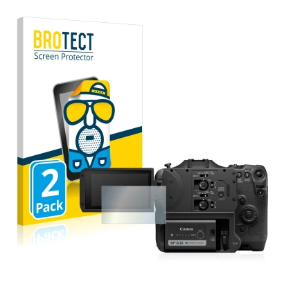 Parte frontal de un envase de producto con el logotipo de la marca BROTECT. Al lado se muestra el dispositivo Canon EOS C70 co