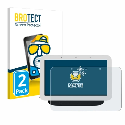 Parte frontal de un envase de producto con el logotipo de la marca BROTECT. Al lado se muestra el dispositivo Google Nest Hub