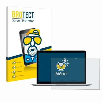 Parte frontal de un envase de producto con el logotipo de la marca BROTECT. Al lado se muestra el dispositivo Apple MacBook Pr