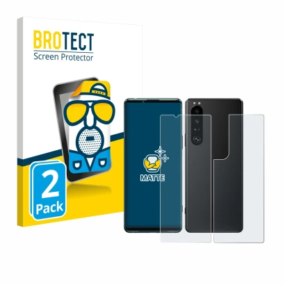 Parte frontal de un envase de producto con el logotipo de la marca BROTECT. Al lado se muestra el dispositivo Sony Xperia 5 II