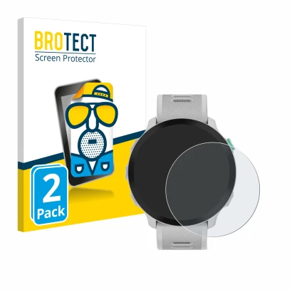 Parte frontal de un envase de producto con el logotipo de la marca BROTECT. Al lado se muestra el dispositivo Garmin Forerunne