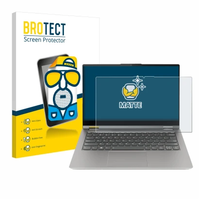 Parte frontal de un envase de producto con el logotipo de la marca BROTECT. Al lado se muestra el dispositivo Lenovo ThinkBook