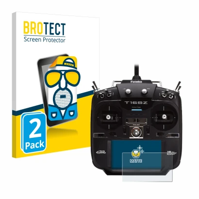 Parte frontal de un envase de producto con el logotipo de la marca BROTECT. Al lado se muestra el dispositivo Robbe Futaba T16