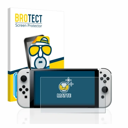 Parte frontal de un envase de producto con el logotipo de la marca BROTECT. Al lado se muestra el dispositivo Nintendo Switch