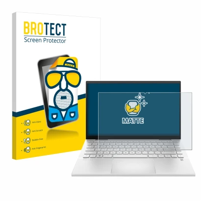 Parte frontal de un envase de producto con el logotipo de la marca BROTECT. Al lado se muestra el dispositivo HP Pavilion x360