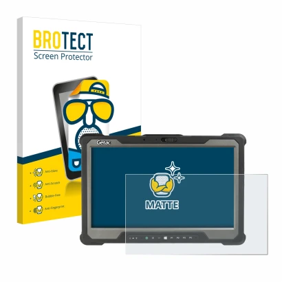 Parte frontal de un envase de producto con el logotipo de la marca BROTECT. Al lado se muestra el dispositivo Getac A140 con s