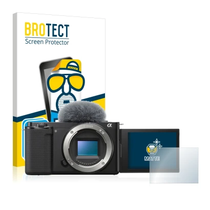 Parte frontal de un envase de producto con el logotipo de la marca BROTECT. Al lado se muestra el dispositivo Sony Alpha ZV-E1