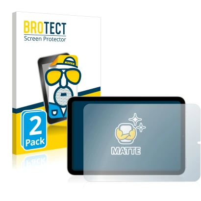 Parte frontal de un envase de producto con el logotipo de la marca BROTECT. Al lado se muestra el dispositivo Apple iPad Mini 