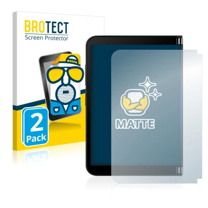 Parte frontal de un envase de producto con el logotipo de la marca BROTECT. Al lado se muestra el dispositivo Microsoft Surfac