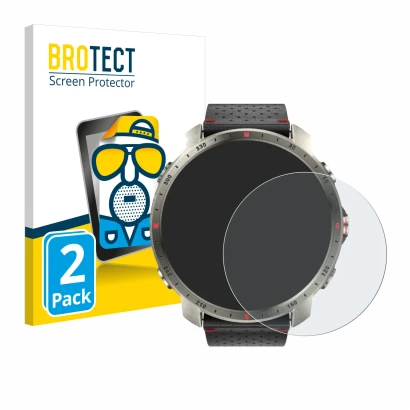 Parte frontal de un envase de producto con el logotipo de la marca BROTECT. Al lado se muestra el dispositivo Polar Grit X Pro