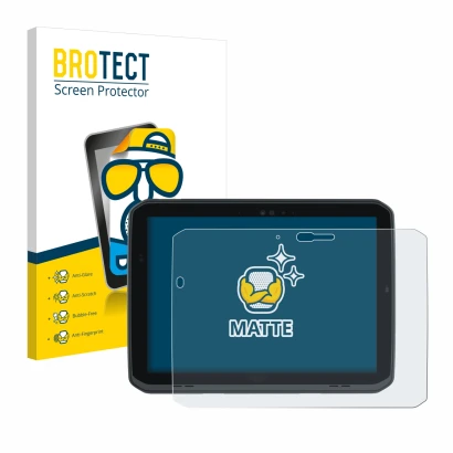 Parte frontal de un envase de producto con el logotipo de la marca BROTECT. Al lado se muestra el dispositivo Zebra ET80 con s