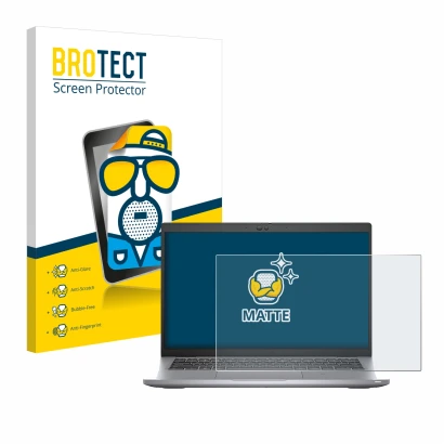 Parte frontal de un envase de producto con el logotipo de la marca BROTECT. Al lado se muestra el dispositivo Dell Latitude 54