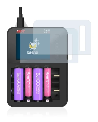 Imagen del dispositivo ISDT C4 Evo con una amplia variedad de protectores de pantalla.