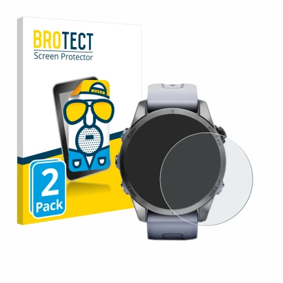 Parte frontal de un envase de producto con el logotipo de la marca BROTECT. Al lado se muestra el dispositivo Garmin Fenix 7S 