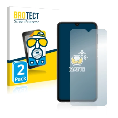 Parte frontal de un envase de producto con el logotipo de la marca BROTECT. Al lado se muestra el dispositivo Samsung Galaxy A