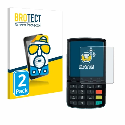 Parte frontal de un envase de producto con el logotipo de la marca BROTECT. Al lado se muestra el dispositivo ingenico Link/25