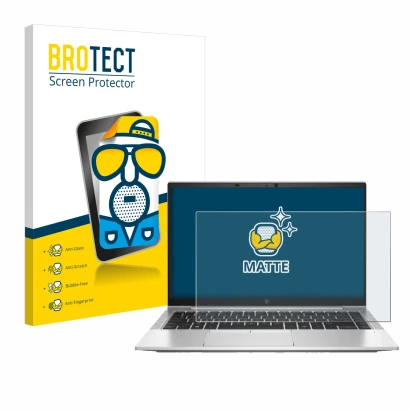 Parte frontal de un envase de producto con el logotipo de la marca BROTECT. Al lado se muestra el dispositivo HP EliteBook 845
