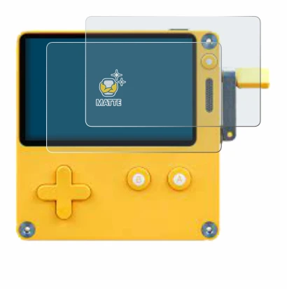 Imagen del dispositivo Panic Playdate con una amplia variedad de protectores de pantalla.
