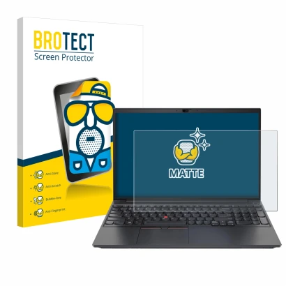 Parte frontal de un envase de producto con el logotipo de la marca BROTECT. Al lado se muestra el dispositivo Lenovo ThinkPad 