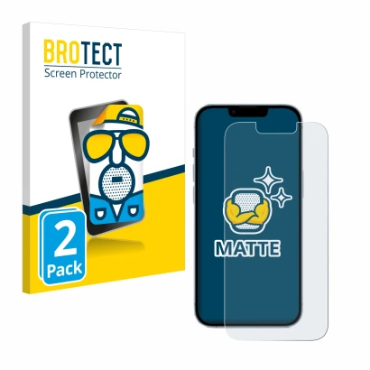 Parte frontal de un envase de producto con el logotipo de la marca BROTECT. Al lado se muestra el dispositivo Apple iPhone 14 