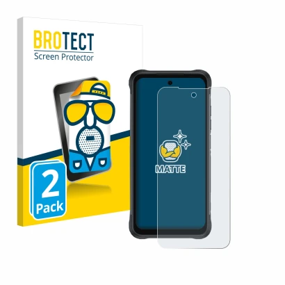 Parte frontal de un envase de producto con el logotipo de la marca BROTECT. Al lado se muestra el dispositivo Umidigi Bison 2