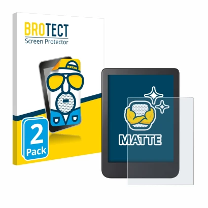 Parte frontal de un envase de producto con el logotipo de la marca BROTECT. Al lado se muestra el dispositivo Kobo Clara 2E co