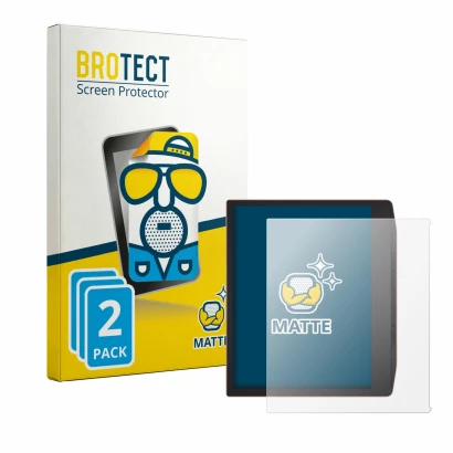 Parte frontal de un envase de producto con el logotipo de la marca BROTECT. Al lado se muestra el dispositivo PocketBook Era c
