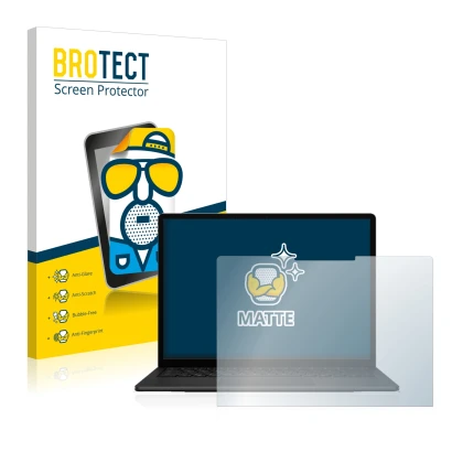 Parte frontal de un envase de producto con el logotipo de la marca BROTECT. Al lado se muestra el dispositivo Microsoft Surfac