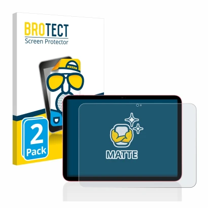 Parte frontal de un envase de producto con el logotipo de la marca BROTECT. Al lado se muestra el dispositivo Apple iPad 10.9