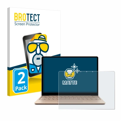 Parte frontal de un envase de producto con el logotipo de la marca BROTECT. Al lado se muestra el dispositivo Microsoft Surfac