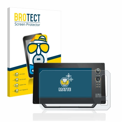 Parte frontal de un envase de producto con el logotipo de la marca BROTECT. Al lado se muestra el dispositivo Humminbird Apex
