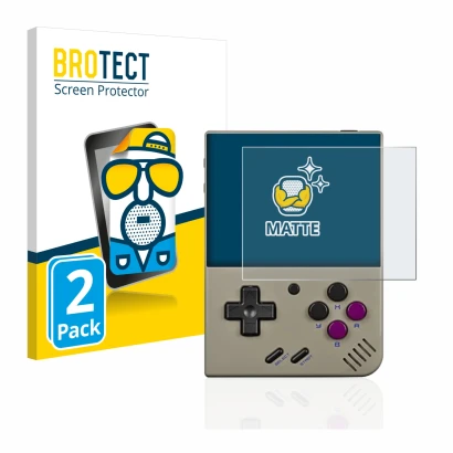 Parte frontal de un envase de producto con el logotipo de la marca BROTECT. Al lado se muestra el dispositivo Miyoo Mini Plus 