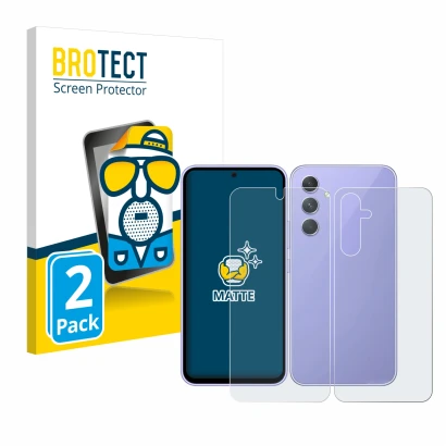 Parte frontal de un envase de producto con el logotipo de la marca BROTECT. Al lado se muestra el dispositivo Samsung Galaxy A