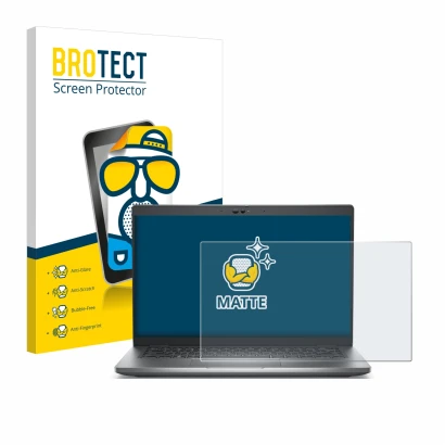 Parte frontal de un envase de producto con el logotipo de la marca BROTECT. Al lado se muestra el dispositivo Dell Latitude 54