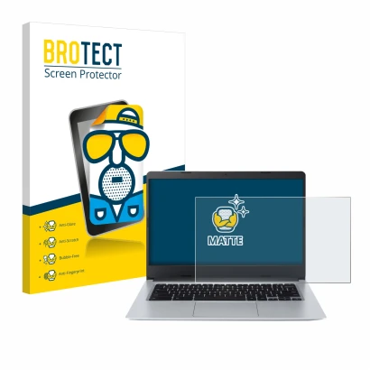 Parte frontal de un envase de producto con el logotipo de la marca BROTECT. Al lado se muestra el dispositivo Acer Chromebook 