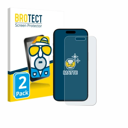 Parte frontal de un envase de producto con el logotipo de la marca BROTECT. Al lado se muestra el dispositivo Apple iPhone 15 