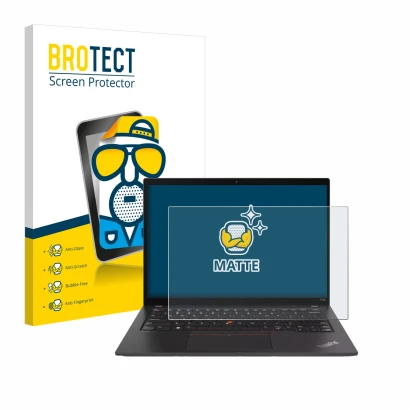 Parte frontal de un envase de producto con el logotipo de la marca BROTECT. Al lado se muestra el dispositivo Lenovo ThinkPad 