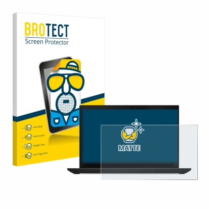 Parte frontal de un envase de producto con el logotipo de la marca BROTECT. Al lado se muestra el dispositivo Lenovo ThinkPad 