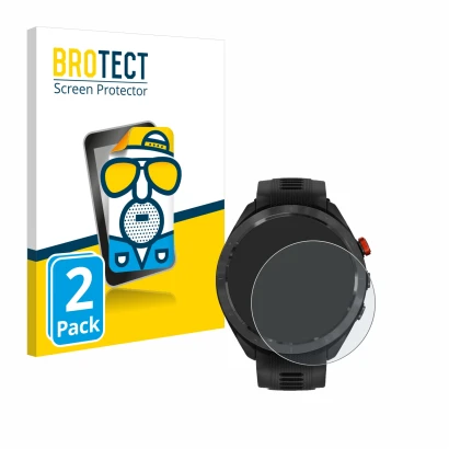 Parte frontal de un envase de producto con el logotipo de la marca BROTECT. Al lado se muestra el dispositivo Garmin Approach