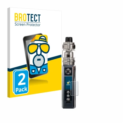 Parte frontal de un envase de producto con el logotipo de la marca BROTECT. Al lado se muestra el dispositivo Voopoo Drag M100