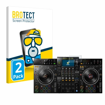 Parte frontal de un envase de producto con el logotipo de la marca BROTECT. Al lado se muestra el dispositivo Pioneer XDJ -XZ 