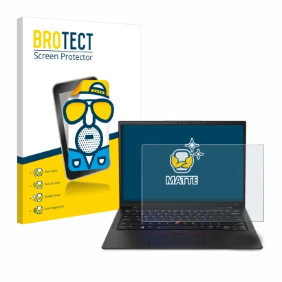 Parte frontal de un envase de producto con el logotipo de la marca BROTECT. Al lado se muestra el dispositivo Lenovo ThinkPad 