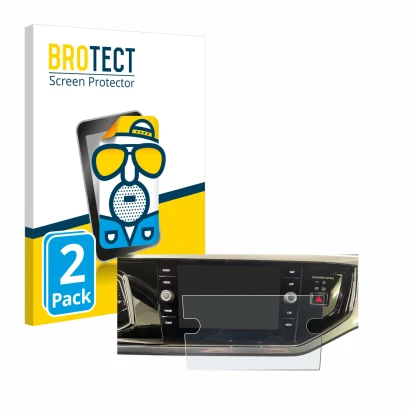 Parte frontal de un envase de producto con el logotipo de la marca BROTECT. Al lado se muestra el dispositivo Volkswagen Polo 