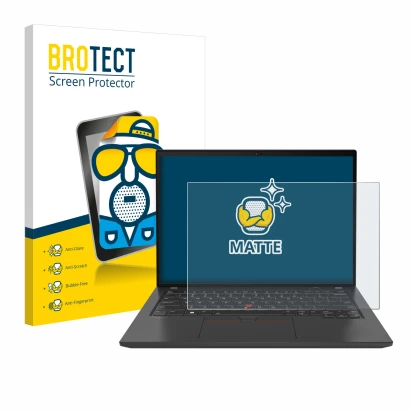 Parte frontal de un envase de producto con el logotipo de la marca BROTECT. Al lado se muestra el dispositivo Lenovo ThinkPad 