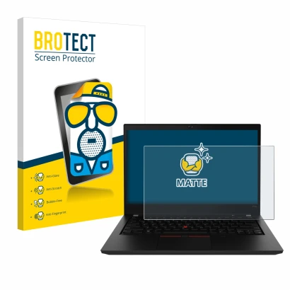 Parte frontal de un envase de producto con el logotipo de la marca BROTECT. Al lado se muestra el dispositivo Lenovo ThinkPad 