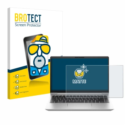 Parte frontal de un envase de producto con el logotipo de la marca BROTECT. Al lado se muestra el dispositivo HP ProBook 445 G