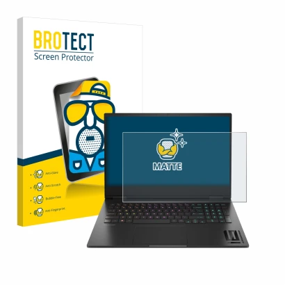 Parte frontal de un envase de producto con el logotipo de la marca BROTECT. Al lado se muestra el dispositivo HP Omen 16 2024 
