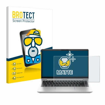 Parte frontal de un envase de producto con el logotipo de la marca BROTECT. Al lado se muestra el dispositivo HP ProBook 440 G