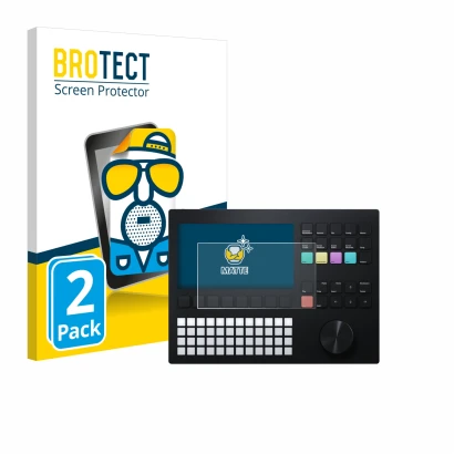 Parte frontal de un envase de producto con el logotipo de la marca BROTECT. Al lado se muestra el dispositivo Polyend Tracker